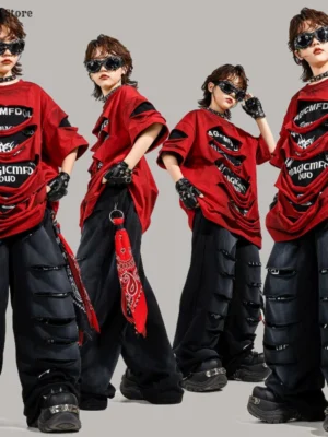 Conjunto Infantil e Juvenil kpop e Hip Hop Streetwear | Camiseta Oversized + Calça Rasgada para Dança | Lançamento Exclusivo