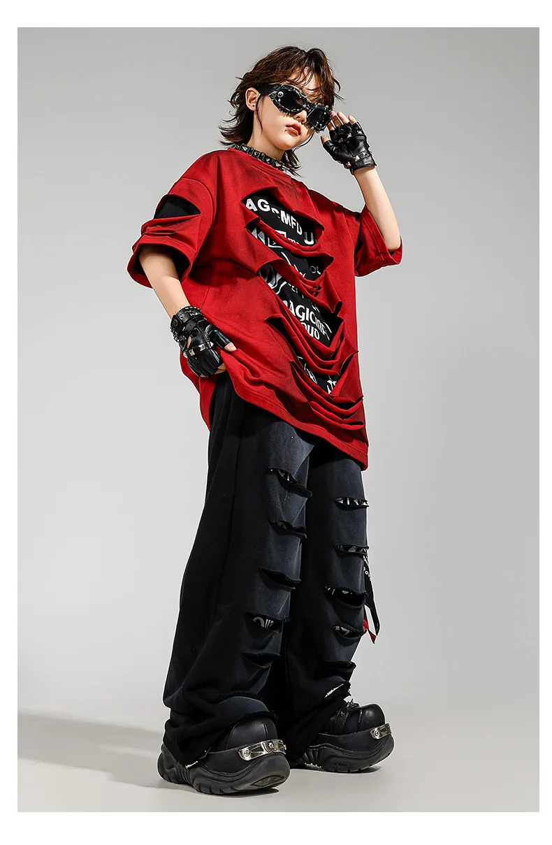 Conjunto Infantil e Juvenil kpop e Hip Hop Streetwear | Camiseta Oversized + Calça Rasgada para Dança | Lançamento Exclusivo - Imagem 5