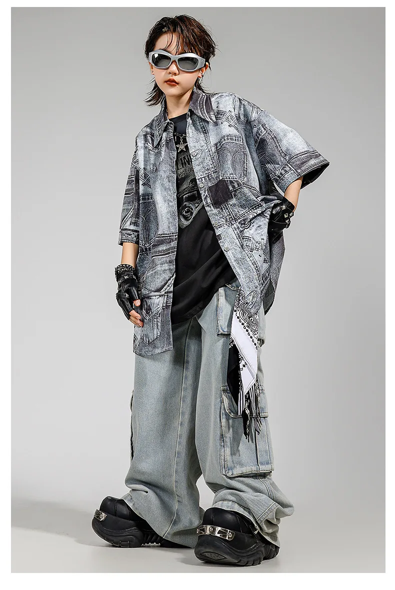 Conjunto Infantil Hip Hop Streetwear Premium | Camisa Oversized + Calça Cargo Jeans | Roupa para Dança, K-Pop - Imagem 5